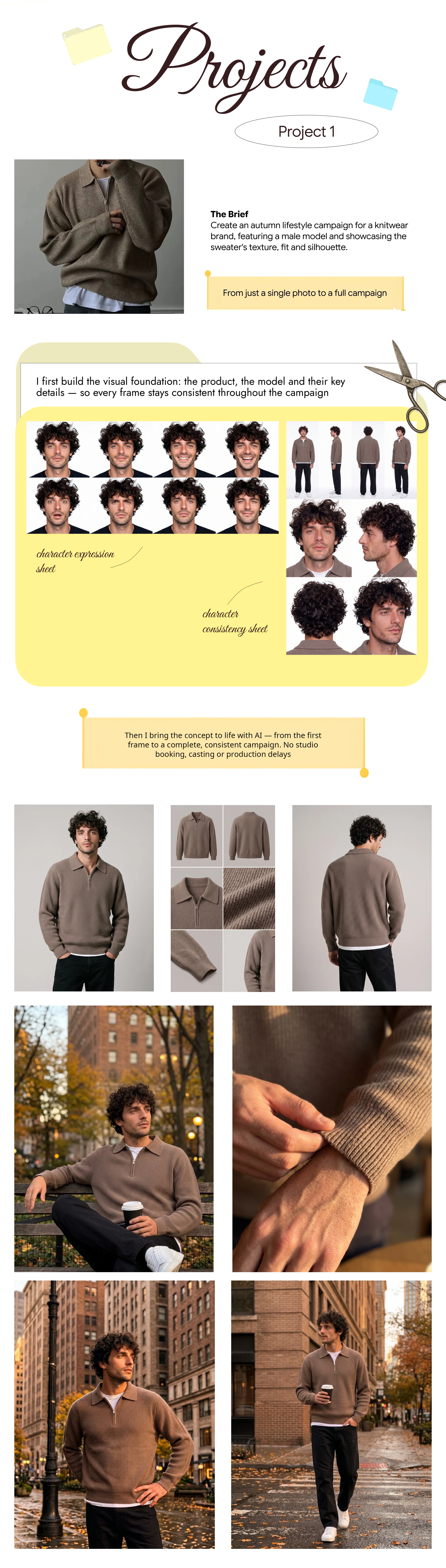 Projects and Project 1: autumn knitwear AI campaign, character development, product consistency and lifestyle campaign visuals